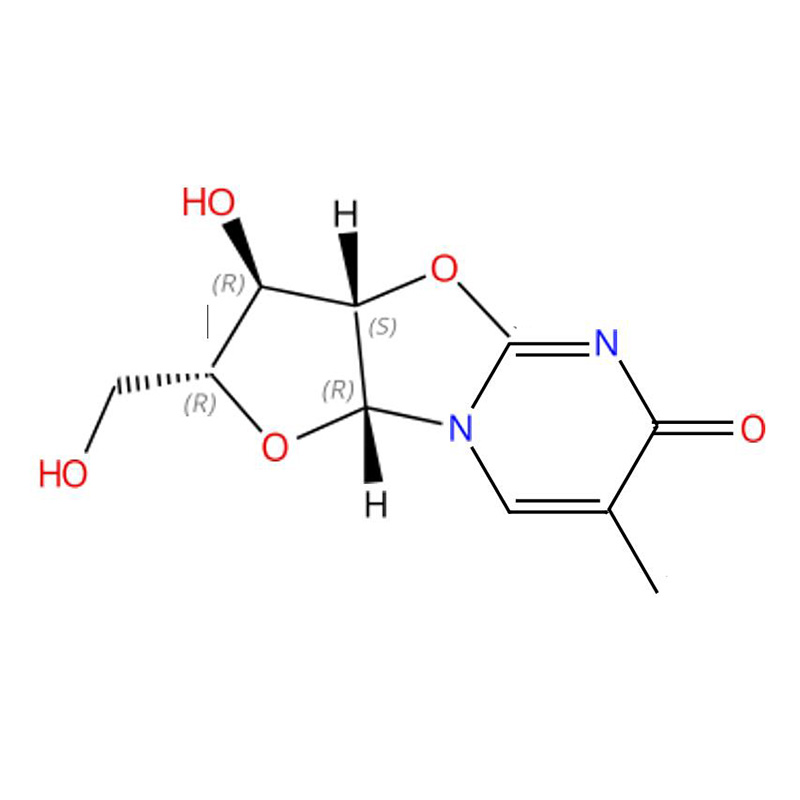 C10H12N2O5 6H-Furo[2',3':4,5]oksazolo[3,2-a]pyrimidin-6-on, 2,3,3a,9a-tetrahydro-3-hydroksy-2-(hydroksymetyl)- 7-metyl-, (2R,3R,3aS,9aR)- (9CI, ACI)