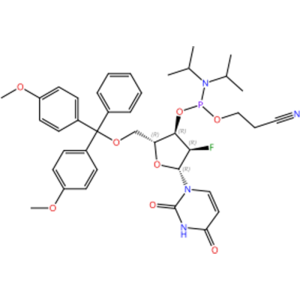 C39H46FN4O8P Uridina, 5′ -O- [bis(4-metoxifenil)fenilmetil]-2′ -desoxi-2′ – fluoro-, 3′ – [2-cianoetil N,N-bis(1-metiletil)fosforamidita] (ACI )