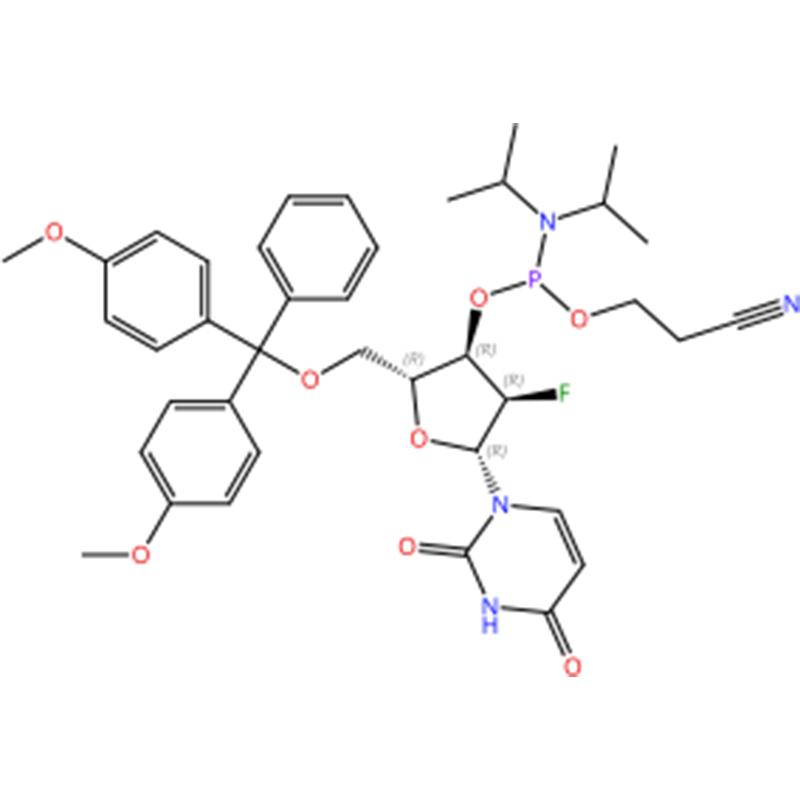 C39H46FN4O8P Uridin, 5′ -O- [bisz(4-metoxifenil)fenilmetil]-2′-dezoxi-2′ – fluor-, 3′ – [2-cianoetil N,N-bisz(1-metiletil)foszforamidit] (ACI )