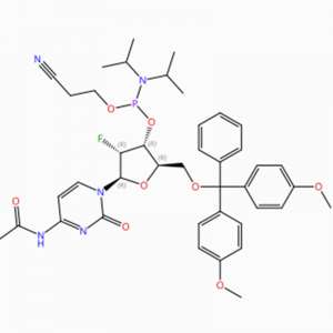 C41H49FN5O8P Citidina, N-acetil-5′ -O- [bis(4-metoxifenil)fenilmetil]-2′ – desoxi-2′ -fluoro-, 3′ – [2-cianoetil N,N-bis(1-metiletil) amidita de fósforo] (ACI)