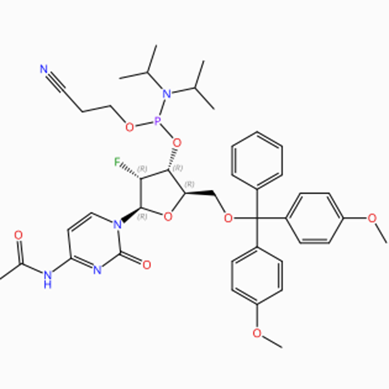 C41H49FN5O8P Citidina, N-acetil-5′ -O- [bis(4-metoxifenil)fenilmetil]-2′ – desoxi-2′ -fluoro-, 3′ – [2-cianoetilo N,N-bis(1-metiletilo) amidita de fósforo] (ACI)
