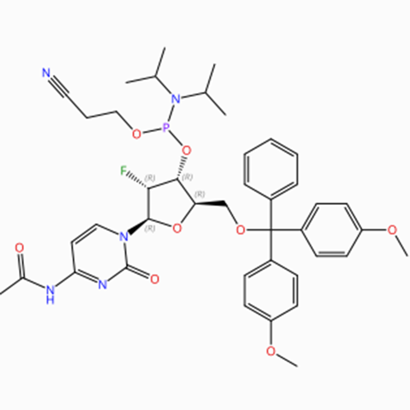 C41H49FN5O8P Citidina, N-acetil-5′ -O- [bis(4-metoxifenil)fenilmetil]-2′ – desoxi-2′ -fluoro-, 3′ – [2-cianoetil N,N-bis(1-metiletilo) amidita de fósforo] (ACI)