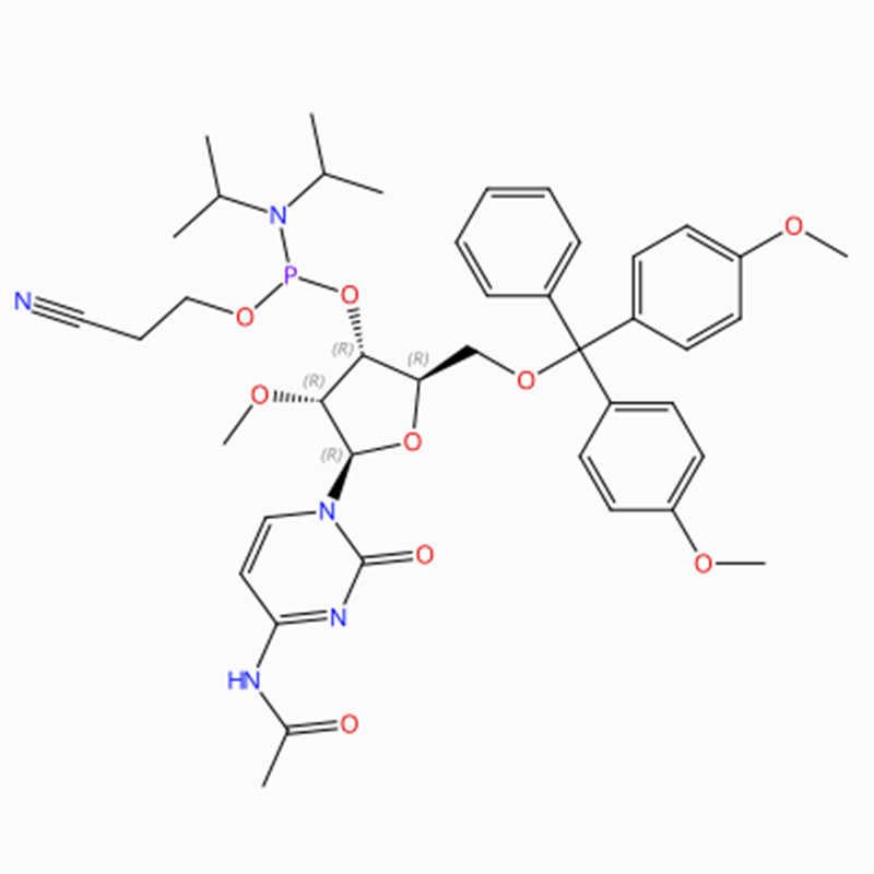 C42H52N5O9P Cytidín, N-asetýl-5'-O- [bis(4-metoxýfenýl)fenýlmetýl]-2'-O-metýl-, 3' – [2-sýanóetýl N,N-bis(1-metýletýl)fosfóramíðít] ( ACI)