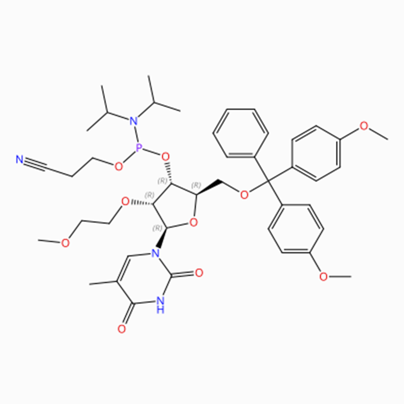 C43H55N4O10P Уридин, 5′ -O- [біс(4-метоксифеніл)фенілметил]-2′ -O-(2-метоксієтил)- 5-метил-, 3′ – [2-ціаноетил N,N-біс(1- метилетил)фосфорамідит] (ACI)