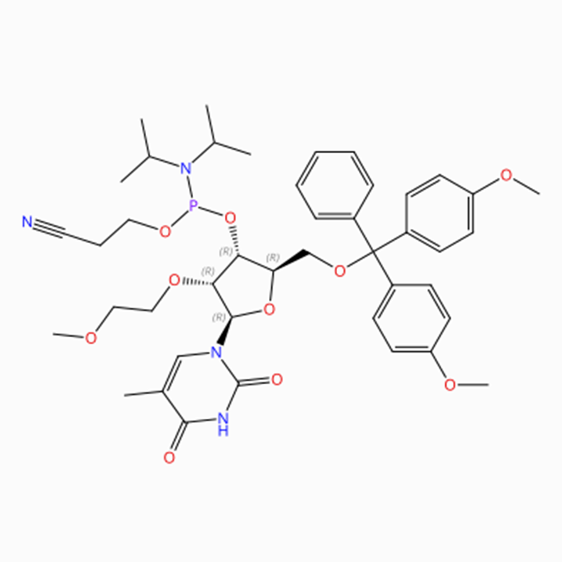 C43H55N4O10P uridīns, 5'-O- [bis(4-metoksifenil)fenilmetil]-2'-O-(2-metoksimetil)-5-metil-, 3'-[2-cianoetil-N,N-bis(1-) metiletil)fosfora amidīts] (ACI)