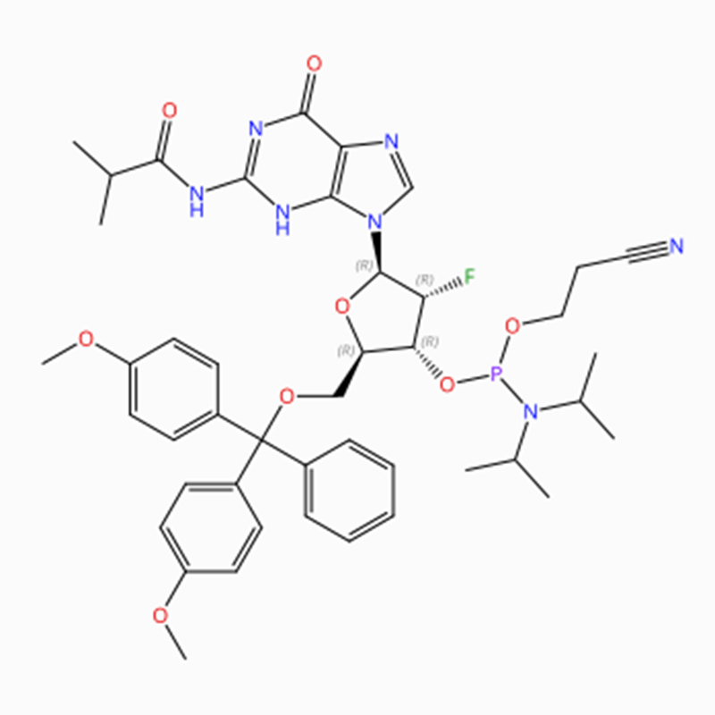 C44H53FN7O8 گوانوزین، 5' -O- [bis(4-methoxyphenyl)phenylmethyl]-2'-deoxy-2'-fluoro-N-(2-methyl-1-oxopropyl)-، 3'- [2-cyanoethyl N, N-bis(1-متیل اتیل) فسفورامیدیت] (ACI)