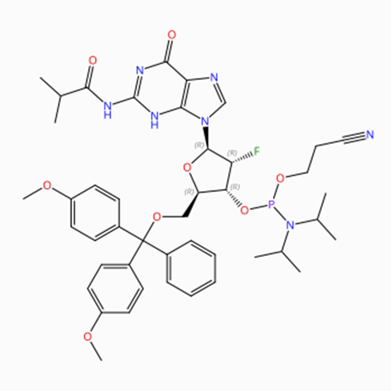 C44H53FN7O8 Guanosina, 5′ -O- [bis(4-metoxifenil)fenilmetil]-2′ -desoxi-2′ – fluoro-N-(2-metil-1-oxopropil)-, 3′ – [2-cianoetil N, N-bis(1-metiletil)fosforamidita] (ACI)