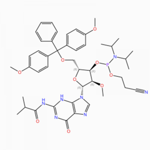 C45H56N7O9P Гуанозин, 5′ -О- [бис(4-метоксифенил)фенилметил]-2′ -О-метил- N-(2-метил-1-оксопропил)-, 3′ – [2-цианэтил N,N-бис (1-метилэтил) фосфорамидит] (ACI)