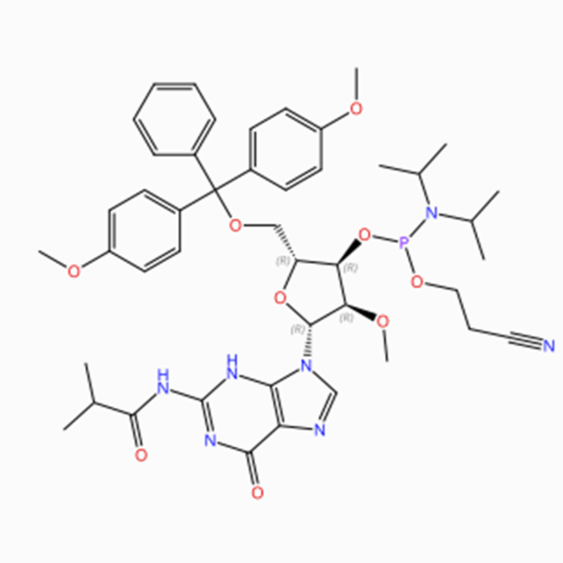 C45H56N7O9P Guanosina, 5′ -O- [bis(4-metoxifenil)fenilmetil]-2′ -O-metil- N-(2-metil-1-oxopropil)-, 3′ – [2-cianoetil N,N-bis (1-metiletil) fosforamidita] (ACI)