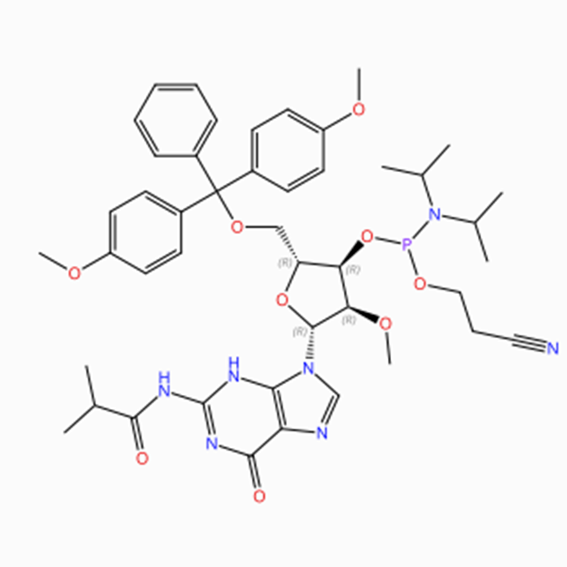 C45H56N7O9P Guanosine, 5′ -O- [bis(4-methoxyphenyl)phenylmethyl]-2′ -O-methyl- N-(2-methyl-1-oxopropyl)-, 3′ – [2-cyanoethyl N,N-bis (1-methylethyl) phosphoramidite] (ACI)