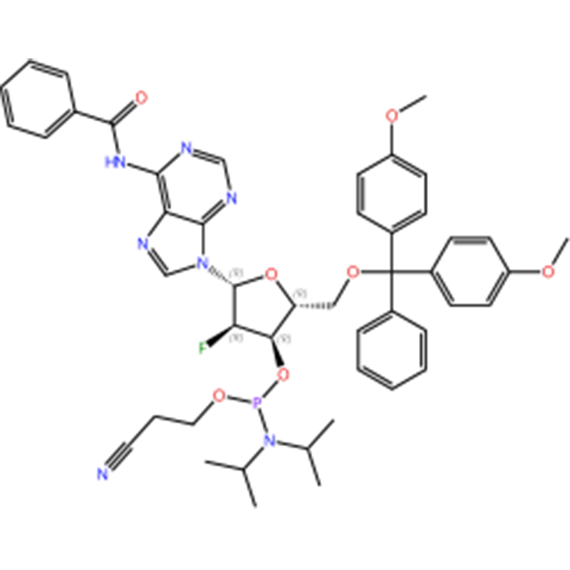 C47H51FN7O7P Adenozyna, N-benzoilo-5′ -O- [bis(4-metoksyfenylo)fenylometylo]-2′ – deoksy-2′-fluoro-, 3′ – [2-cyjanoetylo N,N-bis(1-metyloetyl) amidyt fosforu] (ACI)