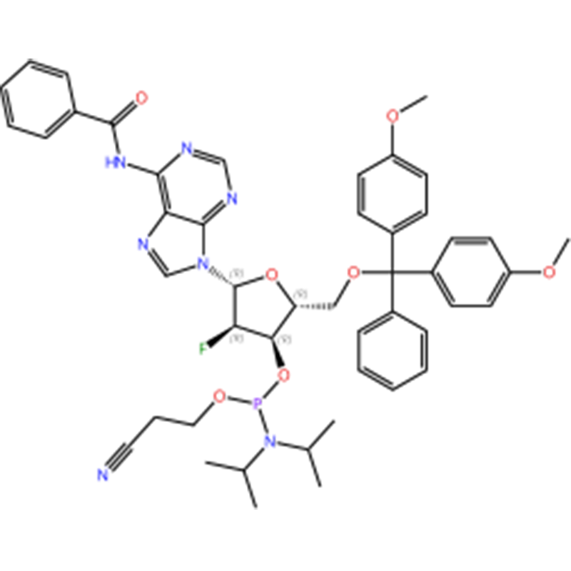 C47H51FN7O7P Adenozin, N-benzoil-5' -O- [bis(4-metoksifenil)fenilmetil]-2' – deoksi-2' -fluoro-, 3' – [2-cijanoetil N,N-bis(1-metiletil) fosfor amidit] (ACI)