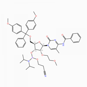 C50H60N5O10P Sitidin, N-benzoil-5′ -O- [bis(4-metoksifenil)fenilmetil]-2′ -O- (2-metoksietil)- 5-metil-, 3′ – [2-sianoetil N,N-bis (1-metiletil) fosforamidit] (ACI)