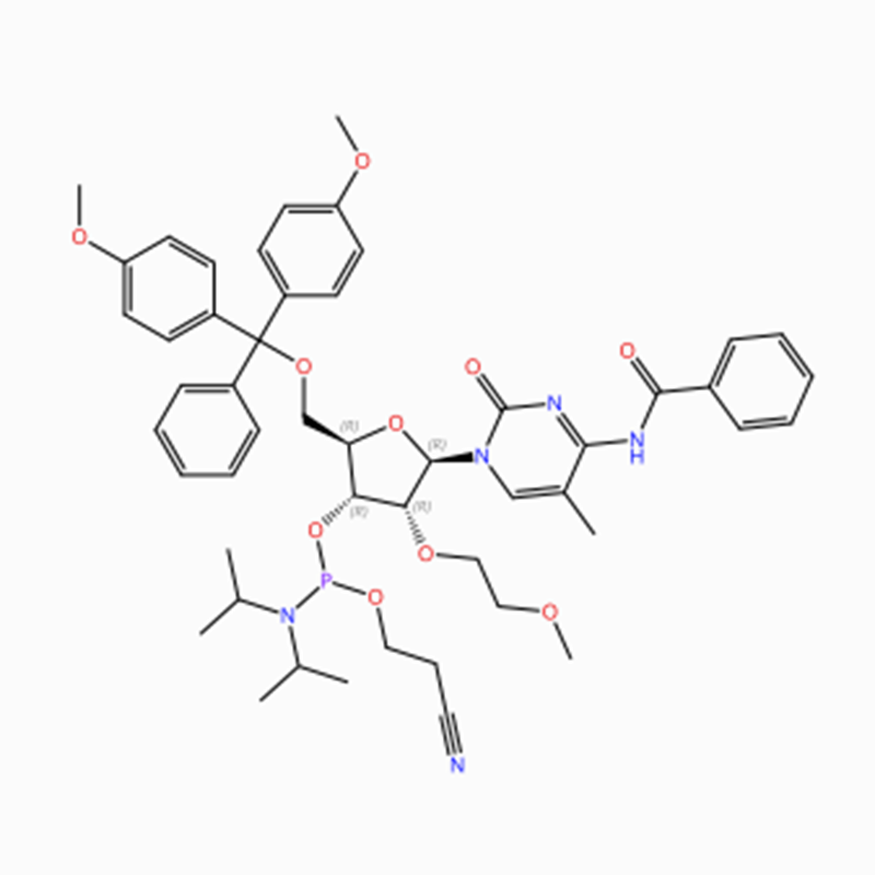 C50H60N5O10P Cytidín, N-bensóýl-5'-O- [bis(4-metoxýfenýl)fenýlmetýl]-2'-O- (2-metoxýetýl)-5-metýl-, 3' – [2-sýanóetýl N,N-bis (1-metýletýl) fosfóramíðít] (ACI)