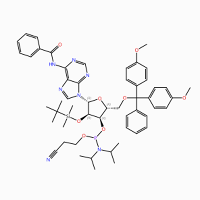 C53H66N7O8PSi CAS NO.: 104992-55-4 Adenosina, N-benzoil-5′ -O- [bis(4-metossifenil)fenilmetil]-2′ – O- [(1,1-dimetiletil)dimetilsilil]-, 3′ – [2-cianoetil N,N-bis(1-metiletil)fosforamidite] (ACI)